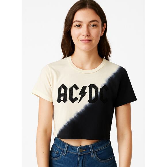 AC/DC Tie-Dye Leopard Crop Top XL Black Cream Band Tee Rock Graphic Shirt 2022 - Picture 2 of 5